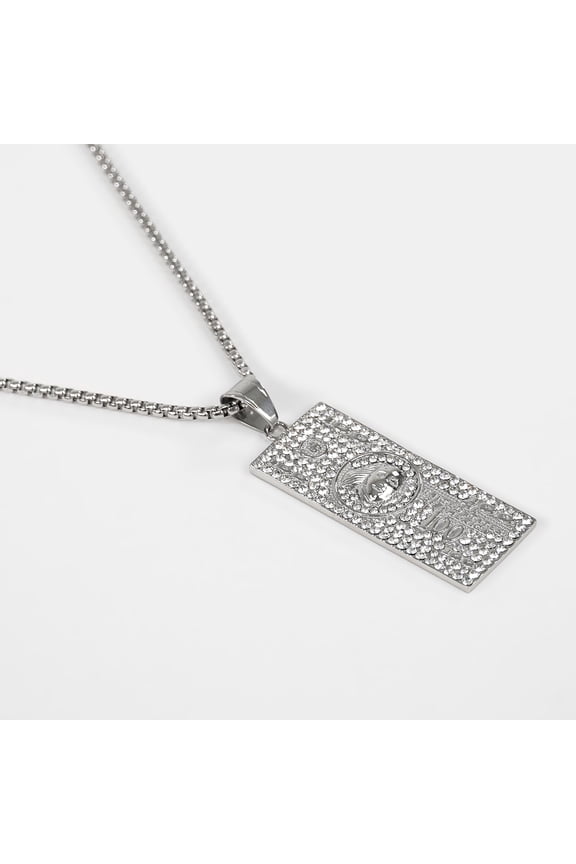 Silver 100 Bill Money Benjamin Pendant with Chain Necklace