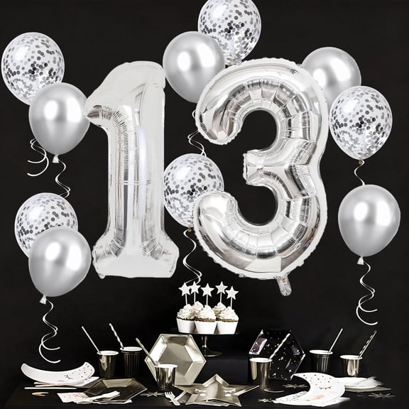 Silver 13th Birthday Decorations Big 32 Inch 13 Foil Balloons with Confetti Silver Dots Latex Balloons for Girls Boys Cheers to 13 Years Old Birthday Happy 13th Anniversary Party Supplies