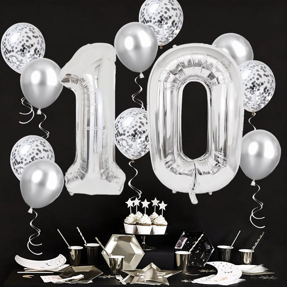 Silver 10th Birthday Decorations Big 32 Inch 10 Foil Balloons with Confetti Silver Dots Latex Balloons for Girls Boys Double Digits Ten Year Old Birthday 10th Anniversary Party Supplies