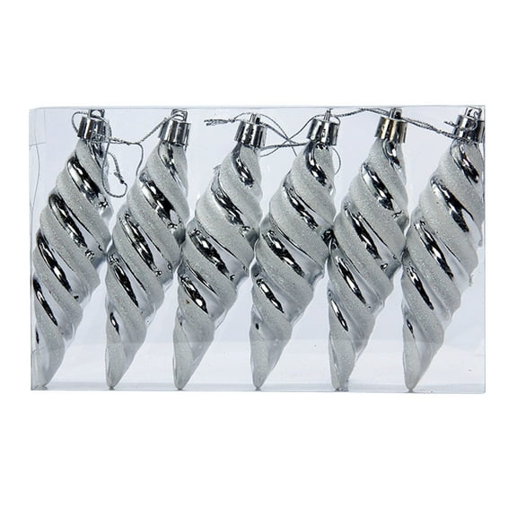 Silver 11Cm Glossy Long Tip Christmas Tree Ornament 6-Pack, Colorful Hanging Decor For Holiday Tree And Party Supplies