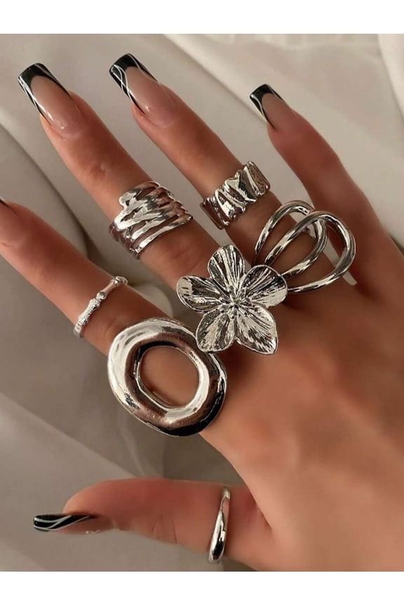 Silver - 12 Pieces Chunky Geometric Flower Metal Ring Set For Women, Vintage Style Daily Casual Jewelry
