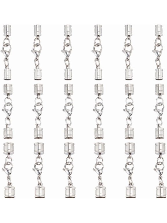 Silver 12 Sets Leather Cord End Caps Stainless Steel Crimp Cord End Caps with Lobster Clasp End Tip with Loop Ring Connector for DIY Crafts Jewelry Making Findings Necklace Bracelet Anklet