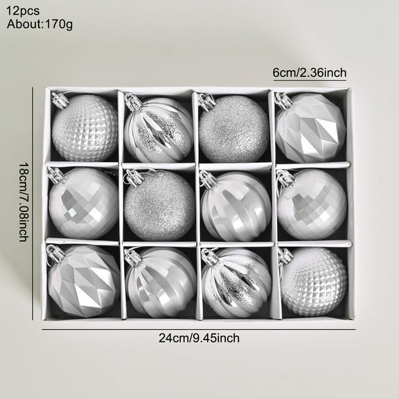 Silver 12Pc Christmas Metallic Ball Ornaments, Shatterproof Plastic For Tree Decor, Assorted Colors & Shapes