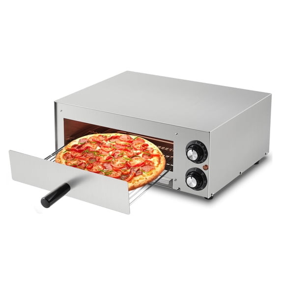 Silver 13 Inch Pizza Oven Indoor Electric Countertop Commercial Pizza Maker, Stainless Steel Pizza Cooker Machine with Pizza Stone, 1100W, Adjustable Timer/Temp, for Home Kitchen, Food Truck