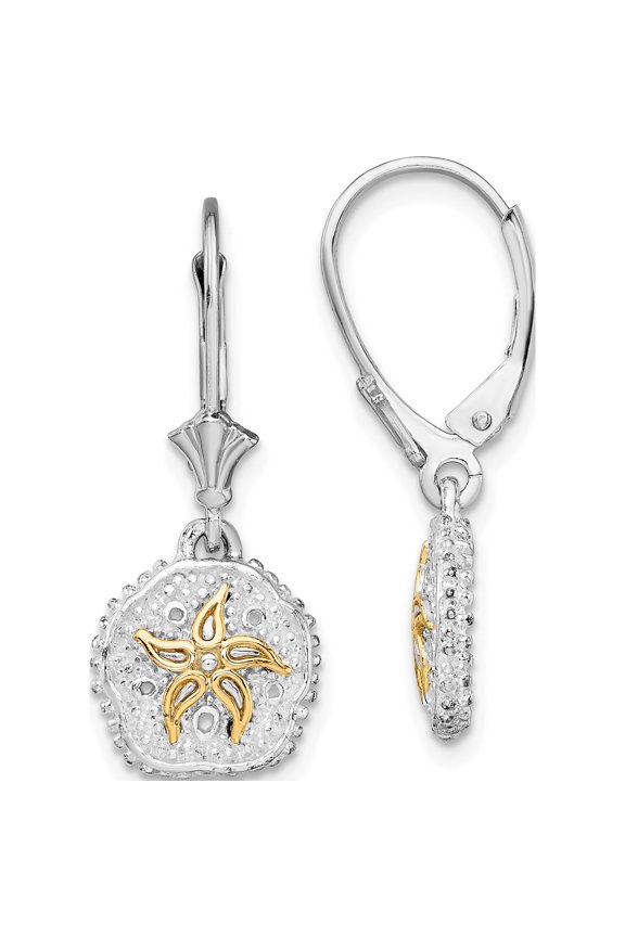 Silver/14K Two-Tone Sterling Silver Polish Sand Dollar W/14K Starfish Leverback Earrings (Width 11) (Length 28) - Jbsp
