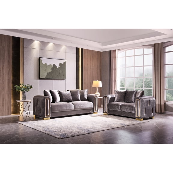 Silver 2/3-Piece Set for Living Space / Gold-Finished, Plush Velvet