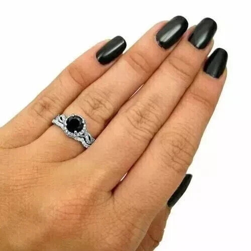 Silver 2.50 Ct Round Cut Black Diamond Bridal Wedding Ring Set 14k White Gold Plated