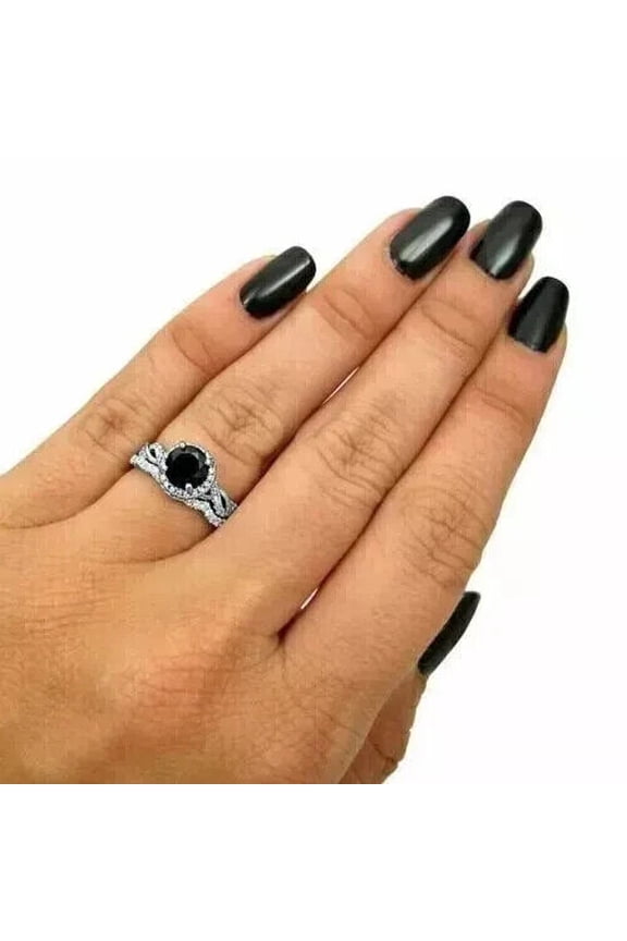 Silver 2.50 Ct Round Cut Black Diamond Bridal Wedding Ring Set 14k White Gold Plated