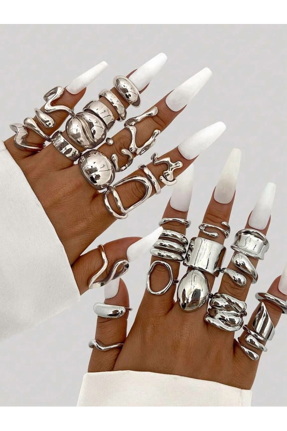 Silver 2 Abstract Sculptural Stackable Metal Rings Set For Women, Bold Organic Geometric Design, Daily & Party Wear