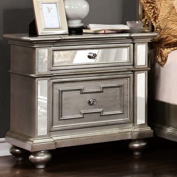 Silver 2 Bedside Table - Solid Wood With Metal Glides And Mirror Panel Details Modern Nightstand In Accents