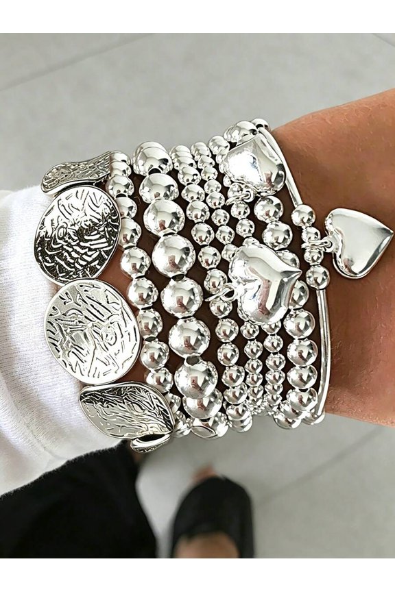 Silver-2 Layered Beaded & Disc Charm Bracelet Set: Bangle, Chain, Elastic