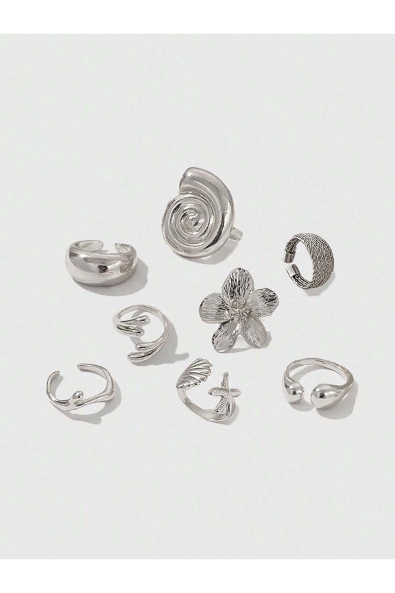 Silver-2 Ocean Theme 8-Piece Open Ring Set With Flower Shell Starfish