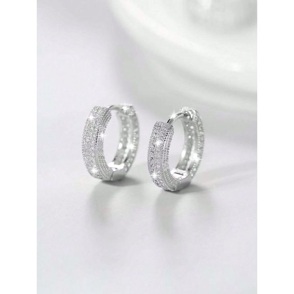 Silver-2 Pave Cubic Zirconia Hoop Earrings With Silvertone Finish For Women