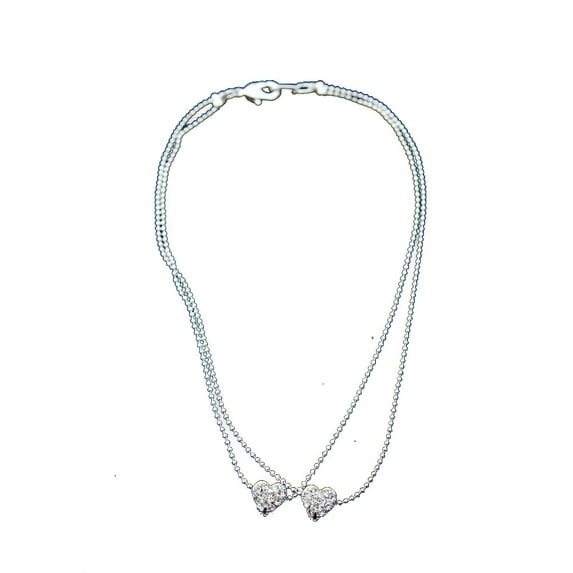 Silver 2 Row Strand with Double Silver and Crystal Rhinestone Heart Shape Anklet