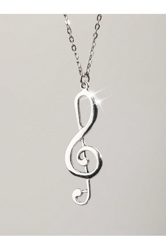 Silver-2 Treble Clef Music Note Pendant Necklace In Silvertone Metal