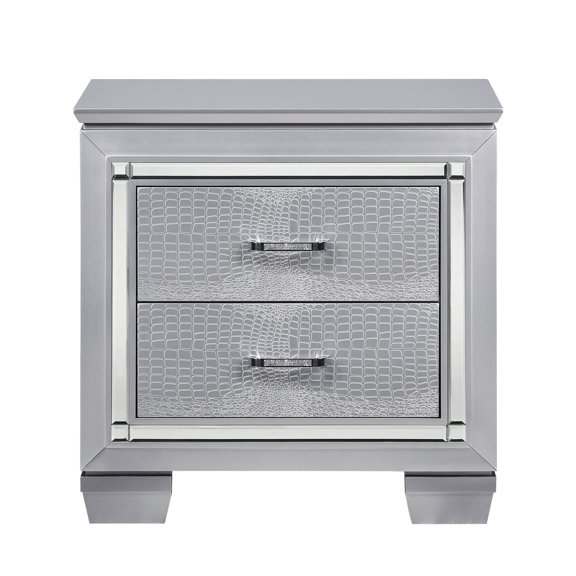 Silver, 2 ball - bearing drawers, faux crystal bar pulls / Bedroom nightstand with decorative mirror