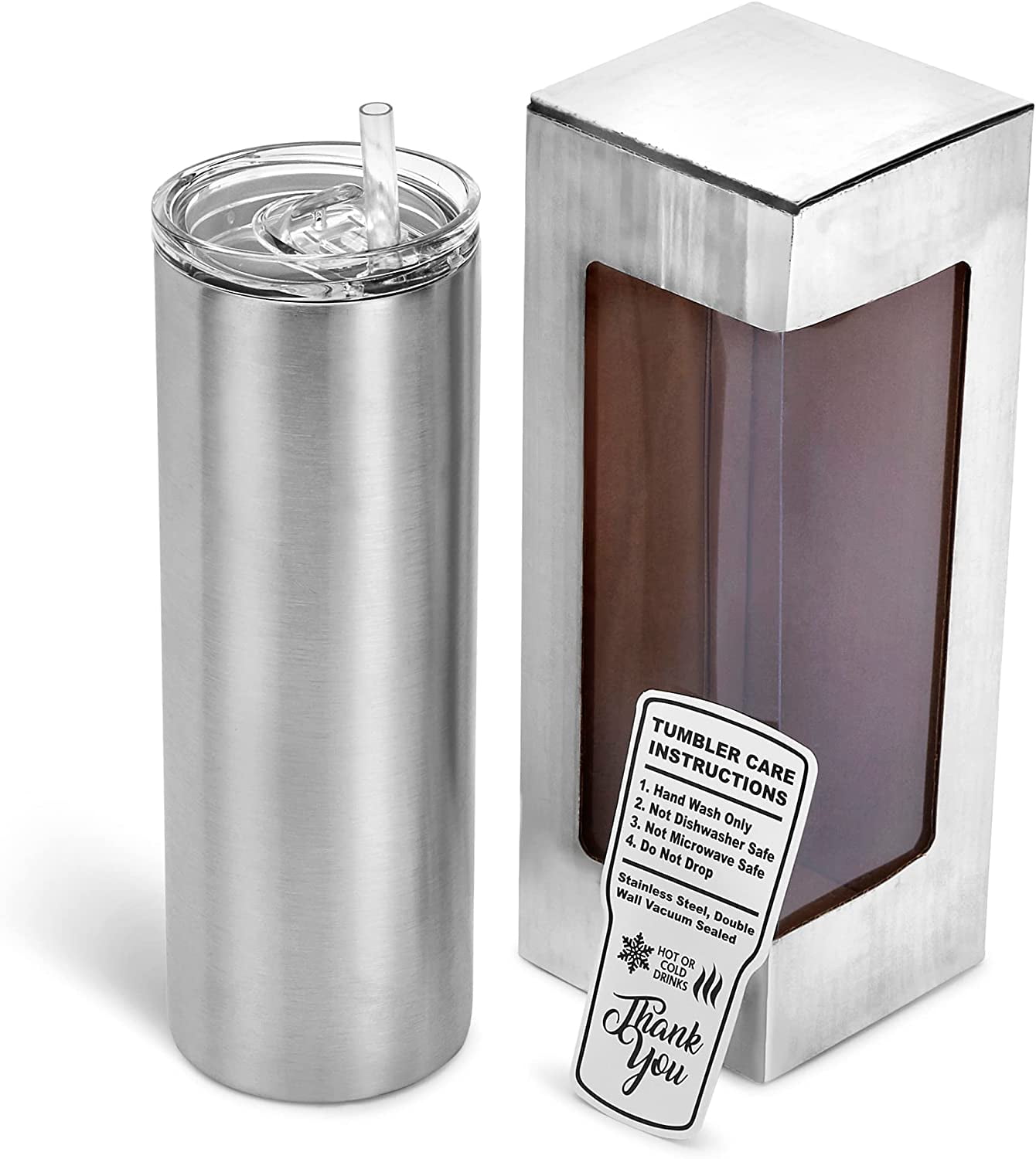 Silver 20 oz Skinny Stainless Steel Pack of 25 with Lid & Straw Craft