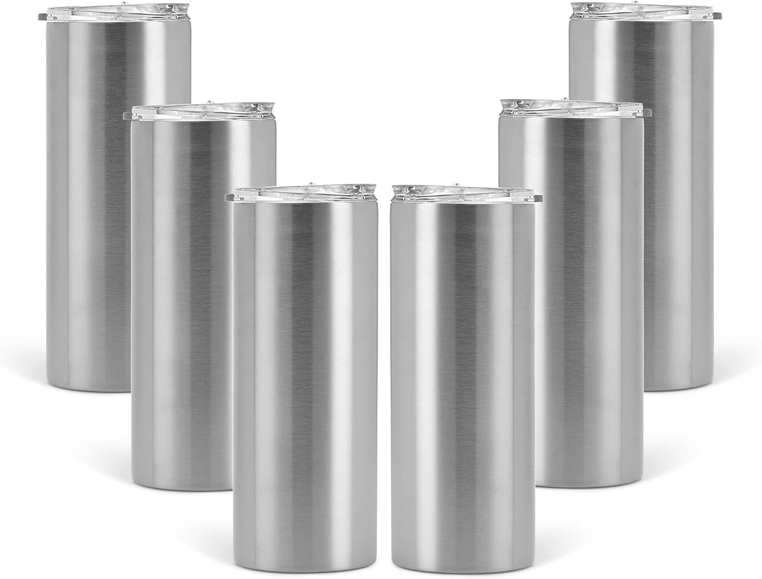 Silver 20 oz Skinny Stainless Steel Pack of 6 with Lid & Straw Craft