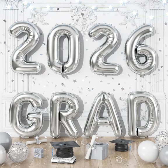 Silver 2026 GRAD Foil Balloons, 16 Inch Metallic Silver Grad Congrats Balloons Banner for Graduation Decorations 2026, College High School Class of 2026 Graduate Congratulations Party Decor Supplies