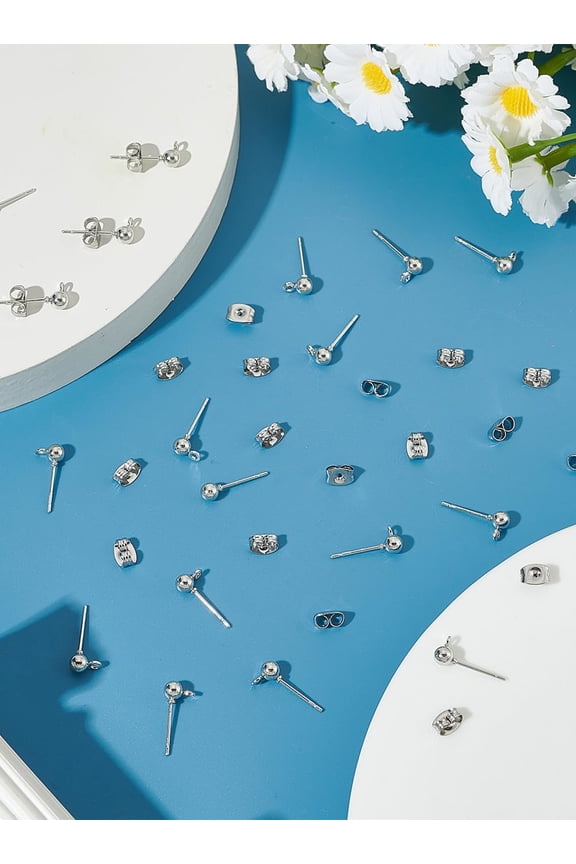 Silver 20Pcs Ball Post Earring Studs with Loop 6.5x4mm Platinum Iron Ball Stud Earring Findings Posts with Ear Nuts 1mm Hole and 0.8mm Pin for Earring Making and DIY Stud Earring Supplies