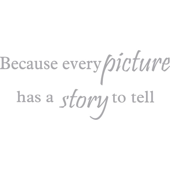 Silver 22" x9" Decaltor Because Every Picture Has a Story to Tell Removable Quotes Sayings Words Art Decor Lettering Vinyl Wall Art Inspirational Uplifting