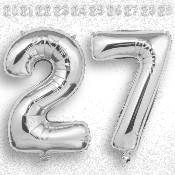Silver Number 27 Mylar Foil Balloon 32 inch - Helium or Air Filled Metallic Balloons for 27th Birthday Party, Anniversary, Graduation Decorations