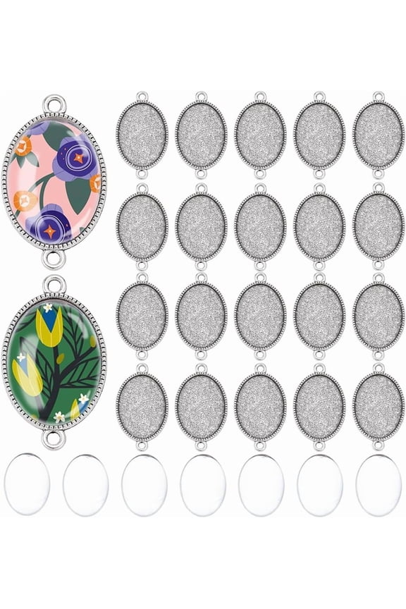 Silver 28 Sets Double Holes Oval Pendant Trays Kit 28 Pcs Tibetan Style Bezel Pendant Blanks Settings with 28 Pcs Glass Cabochons for Mom Bridal Wedding Brides Graduation Charm Jewelry Making