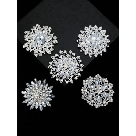 Silver 2857 Floral Rhinestone Brooch Set - Elegant Crystal Flower Pins for Formal Wear & Special Occasions