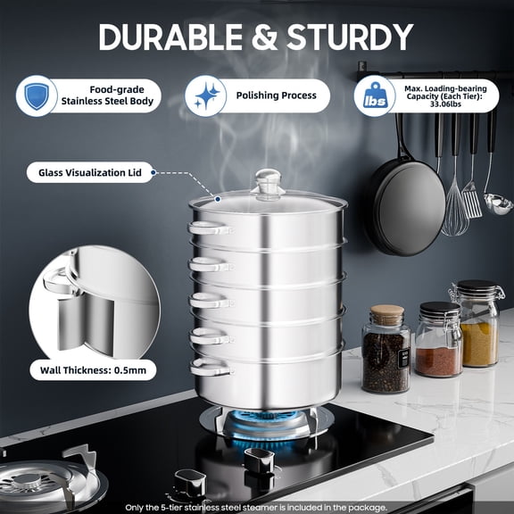 Silver 28cm 5-Tier Stainless Steel Steamer Pot with Transparent Lid & Side Handles, Multi-Layer Food Steam Cooker Steaming Pot for Dumplings, Rice,Vegetables, Beef & Shrimp