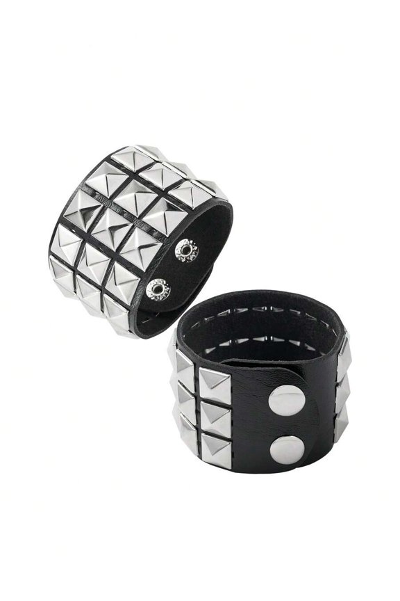 Silver 2Pcs Bracelet Set Silver Studs PU Leather 2 Pieces