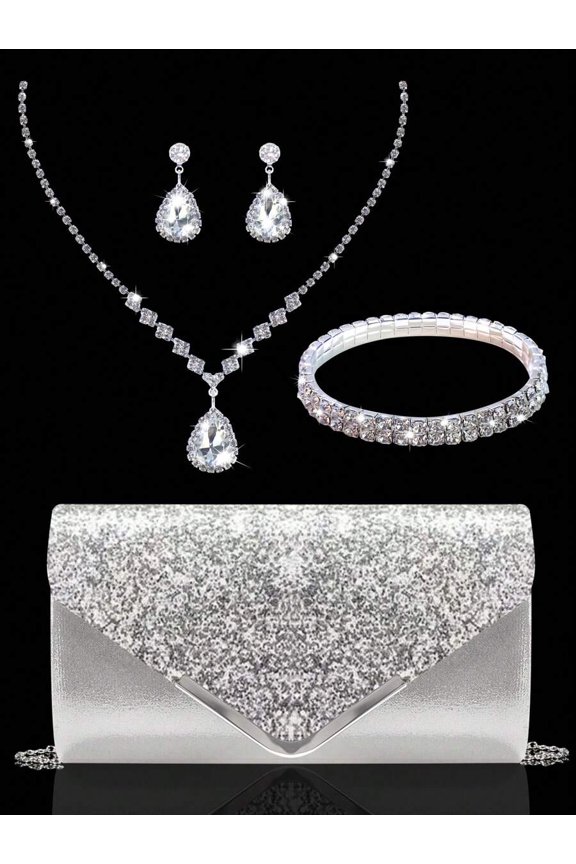 Silver-3 Evening Clutch With Rhinestone Jewelry Set: Necklace, Earrings