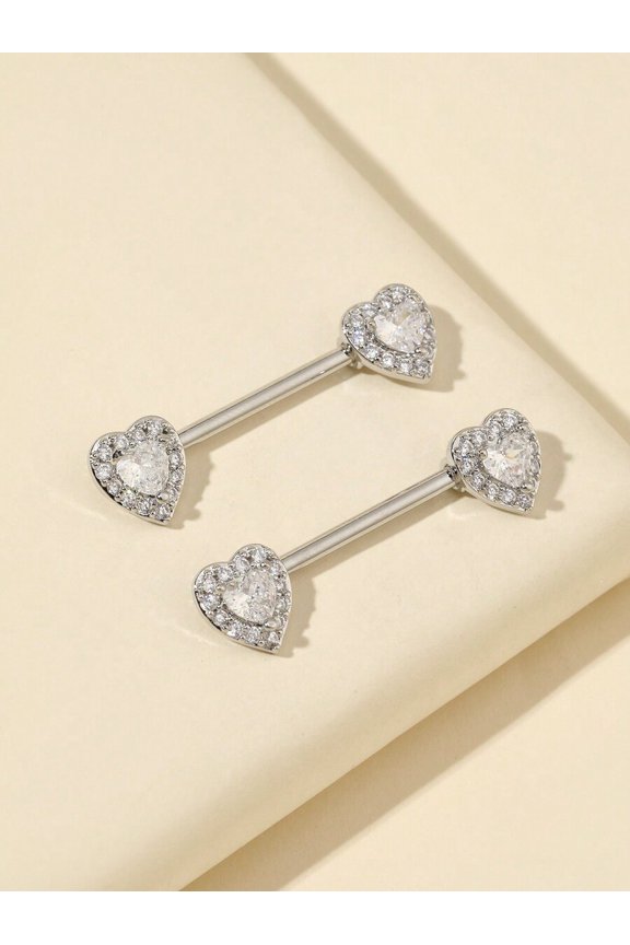 Silver-3 Heart Zirconia Double-End Nipple Barbell Stud Set, 1.2 Inch