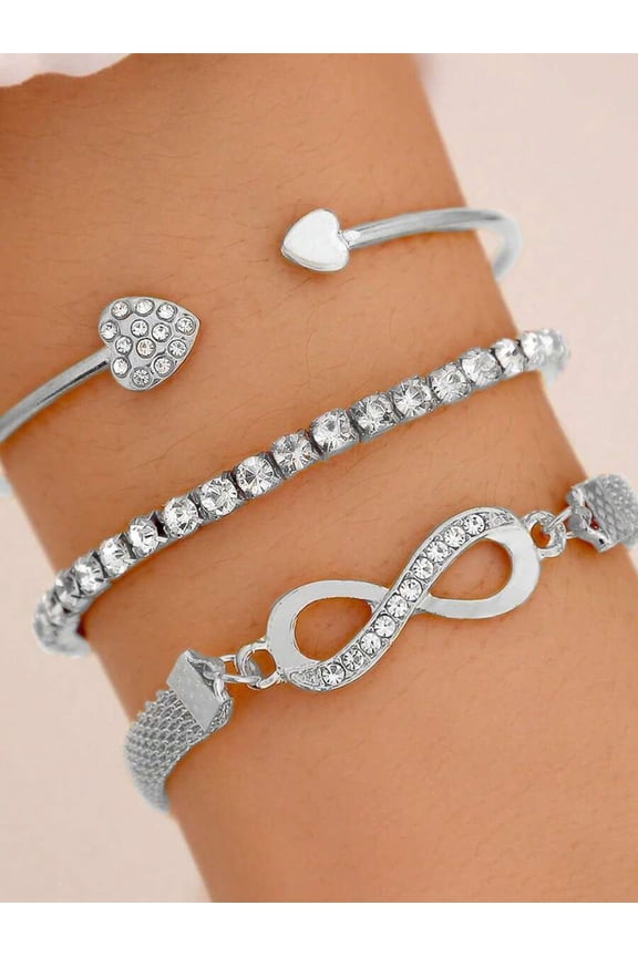 Silver 3-Piece Stackable Bracelet Set With Heart And Infinity Charms For Women