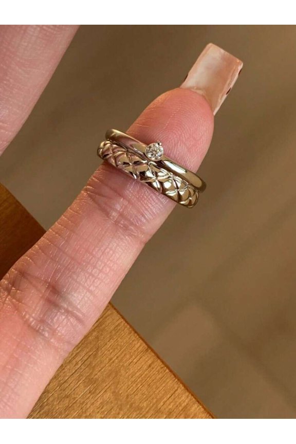 Silver-3 Quilted Criss-Cross Stacking Ring With Single Rhinestone For Women