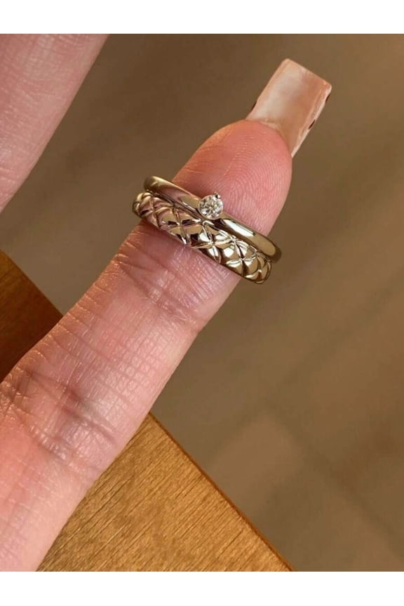 Silver-3 Quilted Criss-Cross Stacking Ring With Single Rhinestone For Women