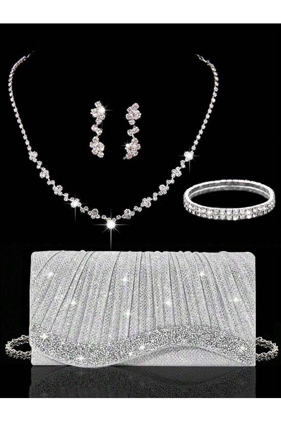 Silver-3 Rhinestone Evening Clutch With 3-Piece Jewelry Set
