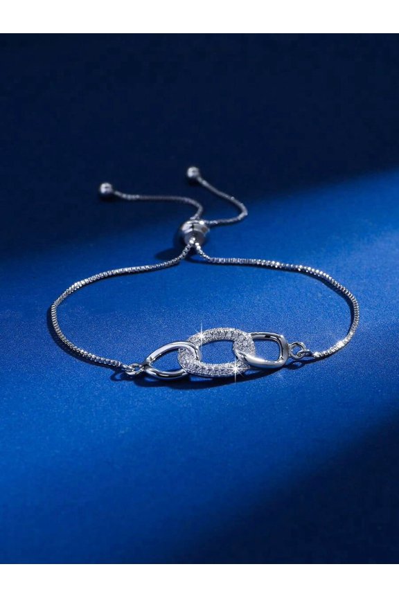 Silver 3 Rings Rotatable Triple Link CZ Chain Bracelet For Women