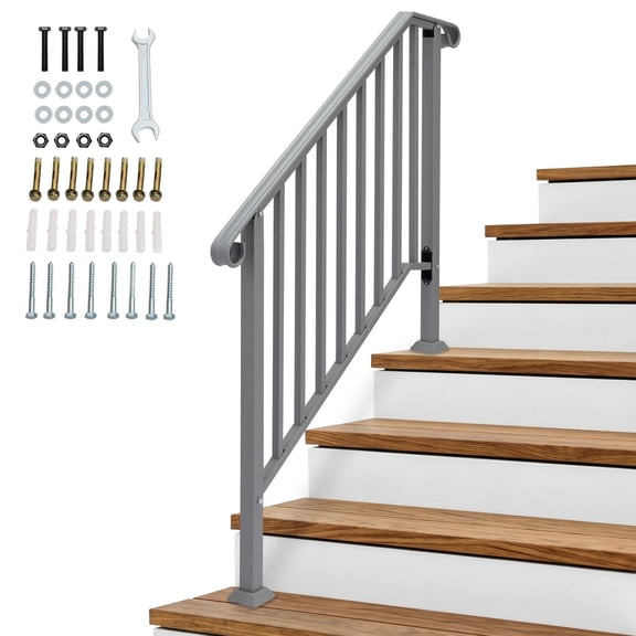 Silver 3-Step Outdoor Iron Handrail Galvanized Iron Picket Handrail with Installation Kit for Garden Steps Residential Commercial