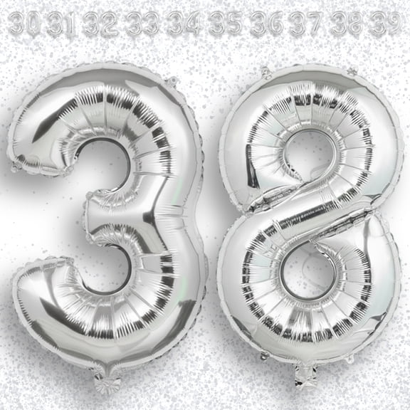 Silver Number 38 Mylar Foil Balloon 32 inch - Helium or Air Filled Metallic Balloons for 38th Birthday Party, Anniversary, Graduation Decorations