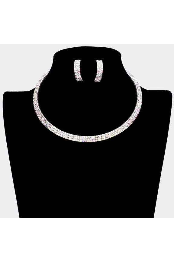 Silver 3Rows Rhinestone Pave Choker Necklace