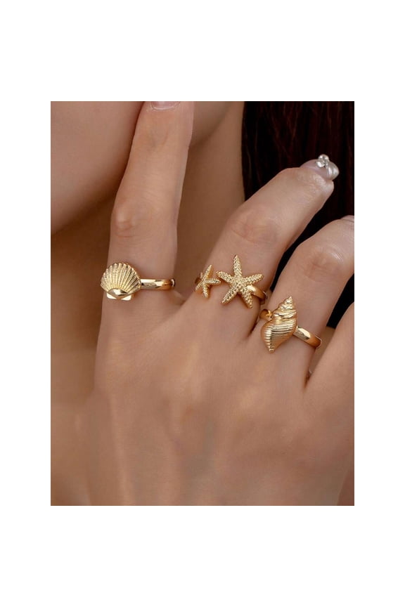 Silver 3pcs Exaggerated Wide Ocean Element Metallic Seashell & Starfish Rings Set For Beach Vacation