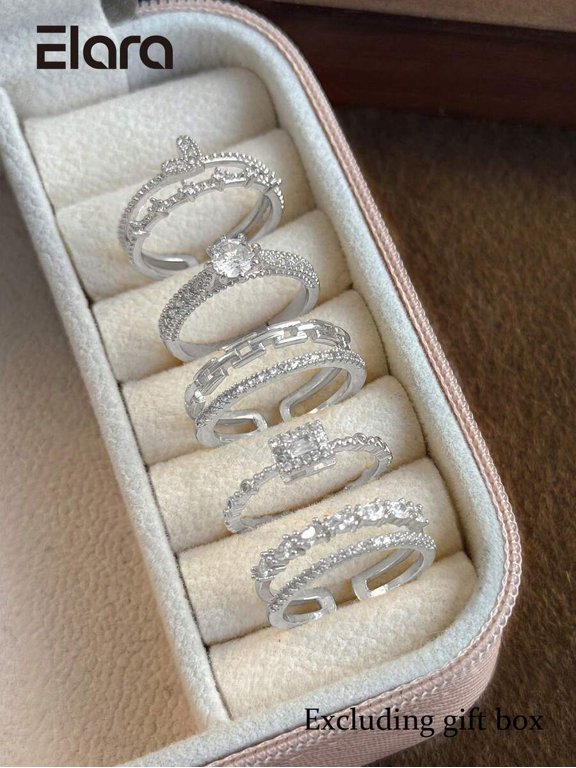 Silver-4 Cubic Zirconia Open Stackable Ring Set For Women - 5 Pieces