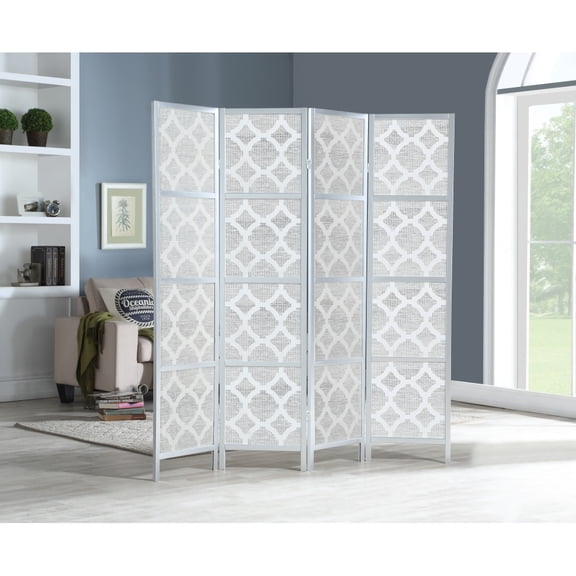 Silver 4-Panel Folding Room Divider Quarterfoil Diamond Pattern Solid Wood Privacy Screen with Rice Paper for Indoor Space Partition