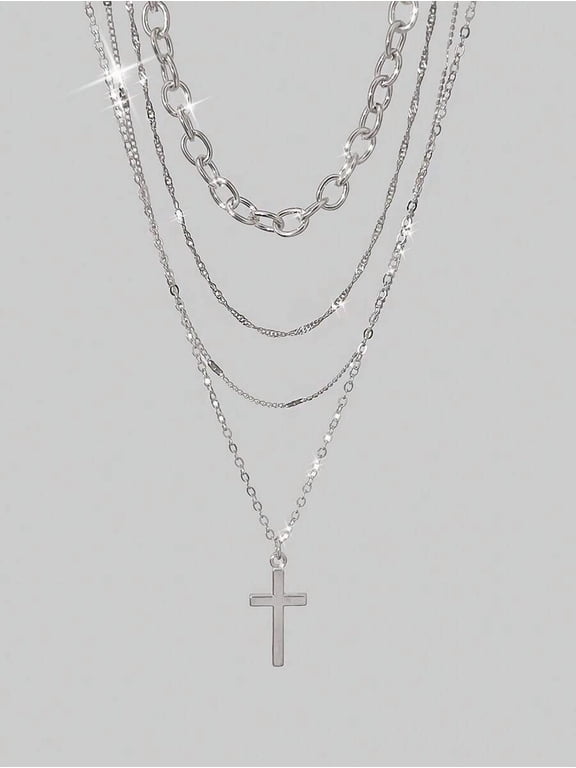Silver 4-Piece Layered Chain Necklace Set With Cross Pendant