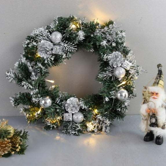 Silver 40cm/15.7in Christmas Wreath, Outdoor Lighted Christmas Wreath for Front Door, Xmas Wreath for Holiday Christmas Party Decorations