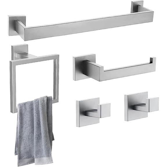 stusgo Silver 5-Piece Square Bathroom Hardware Set with Towel Bar, Hook, Toilet Paper Holder and Ring(Silver)