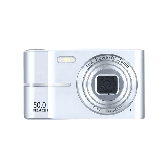 Silver 50MP Digital Camera, 4K Video, OTG Transfer, 16X Zoom, for Travel & Selfies