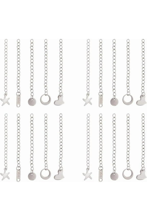Silver 50Pcs 5 Styles Necklace Chain Extender Stainless Steel Extension Chain Tail Extender Chain Metal End Chain Curb Chain Extension with Heart Round Starfish Charm for Jewelry Making
