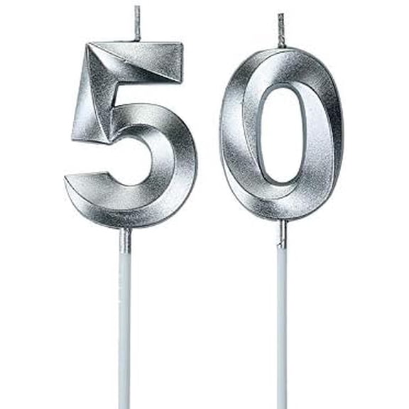 Silver 50th Birthday Candles, Number 50 Cake Topper for Men Birthday Decorations Party Decoration
