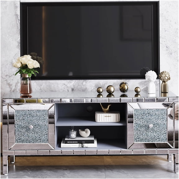 Silver 60 inch Media Console with Crushed Diamond Glass Doors, Modern TV Stand Entertainment Center for Living Room with Adjustable Shelves